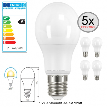 5 x E27 LED Birnenlampe Warmweiß 7 W entspricht 42 Watt