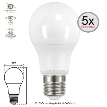 5 x E27 LED SMD Birnenlampe Warmweiß 5,5W entspricht 40Watt