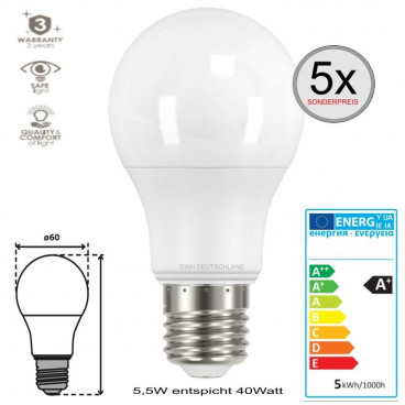 5 x E27 LED SMD Birnenlampe Coolweiß 5,5W entspricht 40Watt
