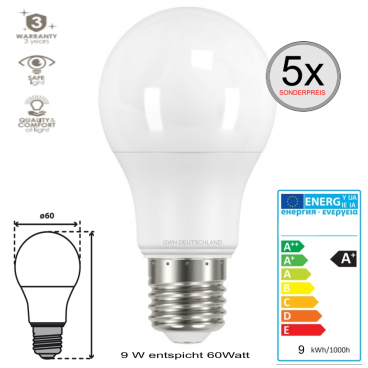 5 x E27 LED SMD Birnenlampe Coolweiß 9 W entspricht 60Watt