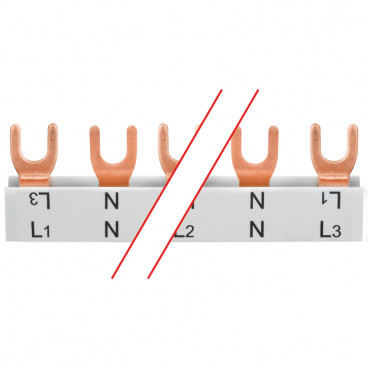 Gabel-Phasenschiene, 16 mm², 4-polig, L-Form, für 6 2-pol. Schalter+N, L1+N-L2+N-L3+N.