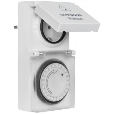 Steckdosen Zeitschaltuhr, analog, 230V/16A, IP54, weiß mit Klappdeckel