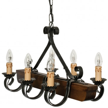 Pendelleuchte, Wohnraumleuchten 6 x E14 / 60W Holz antik Schmiedeeisen schwarz