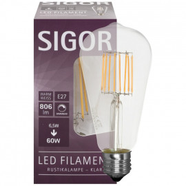 LED Fadenlampe, Edison, E27 / 6.5W, klar, 806 lm, dimmbar, Sigor