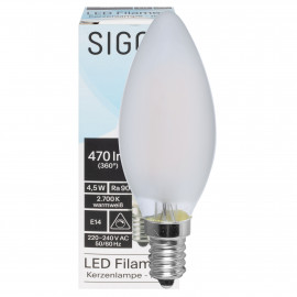 LED Filament Lampe, Kerzen-Form, matt, E14, 2700K 4,5W (40W), 470 lm