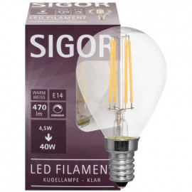 LED Filament Lampe, Tropfen-Form, klar, E14, 2700K dimmbar 4,5W (40W), 470 lm