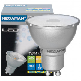 LED Lampe, Reflektor, PAR16, GU10 / 4,5W, 240 lm, 600cd, 2800K, Megaman