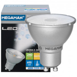 LED Lampe, Reflektor, PAR16, GU10 / 4,5W, 240 lm, 600cd, 4000K, Megaman